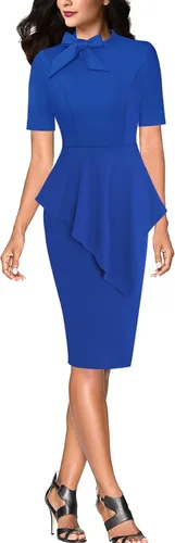 Vista 2 de VFSHOW Womens Bow Tie Neck Asymmetrical Peplum Slim Work Business Office Pencil Dress