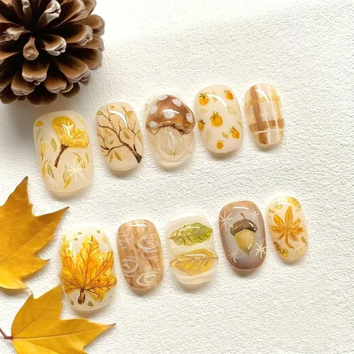 Vista 13 de 24 uñas postizas a presión de hoja de arce, uñas de almendra de longitud media, uñas postizas retro con hojas de otoño con diseño de Acción de Uñas