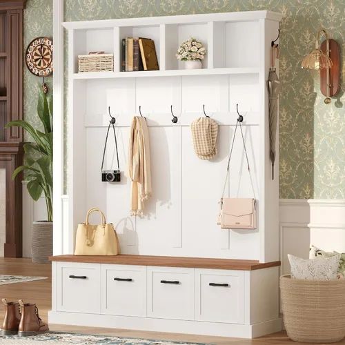 Vista 32 de JIVOIT Farmhouse Wood Hall Tree with Coat Hooks, Cabinets, 4 Drawers, Hooks (Ancient White/ 091)