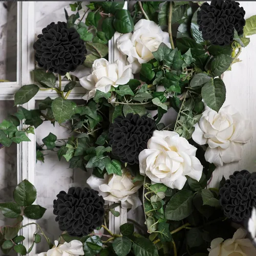 Vista 4 de Flores artificiales, 25 piezas, rosas artificiales realistas para ramos de novia, centros de mesa, arreglos, flores de Dalia negras con tallo