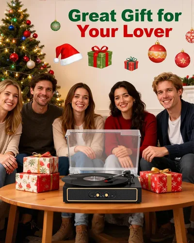 Vista 8 de Tocadiscos retro Bluetooth con altavoces integrados, tocadiscos de 3 velocidades por correa, control de graves y agudos, reproductor de vinilo Negro