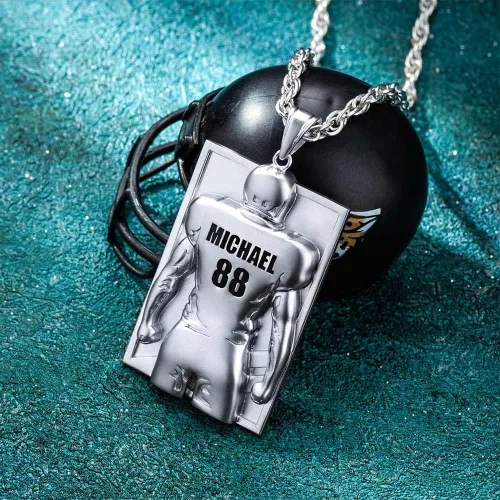 Vista 2 de AILIN Collar de fútbol personalizado para hombres, collares de latón con números personalizados para atletas de fútbol, color plataorooro rosanegro