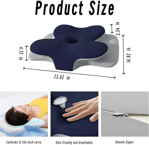 Vista 2 de Almohada cervical para cuello y hombro, almohadas ergonómicas de espuma viscoelástica para dormir con funda de almohada lavable, almohada Azul Oscuro