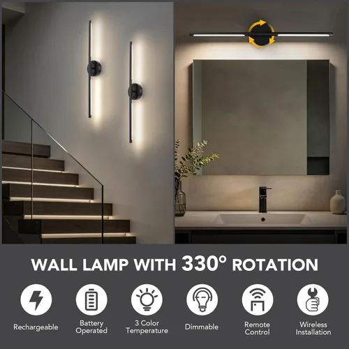 Vista 3 de TONYFUL Battery Operated Wall Sconce Set of 2 for Bedroom, Living Room Rechargeable, 6000mAh Dimmable Bulbs, Remote, 3000K-6500K LED Wall Lights