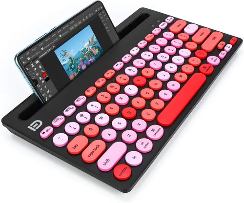 Vista 6 de HUO JI Teclado Inalámbrico Multidispositivo, Bluetooth y Modo Dual de 2.4G para iPad, Cambio a 3 Dispositivos para Celular, Tablet, PC, Smart TV