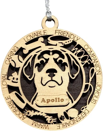 Vista 129 de Adorno de Navidad personalizado para perro Cavalier King Charles Spaniel, redondo de 3 pulgadas, madera cortada con láser de 2 capas, nombre y texto
