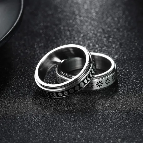 Vista 5 de Jstyle Juego de 4 anillos giratorios de acero inoxidable para mujeres y hombres, anillos giratorios con flores, luna, estrella, anillos geniales