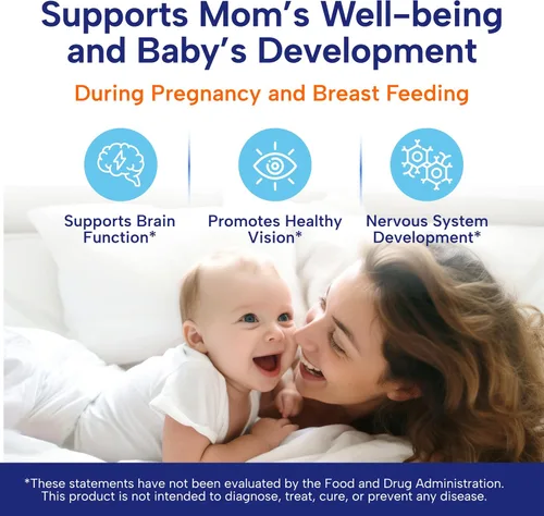Vista 3 de OmegaVia Prenatal DHA 600mg Suplemento de Omega-3 sin pescado Apoya el desarrollo del cerebro, ojos y sistema nervioso del bebé Seguro