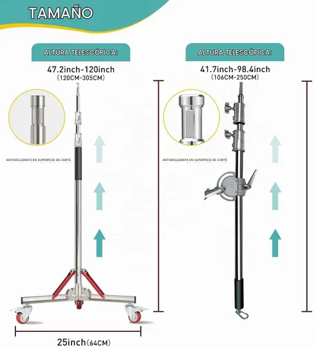 Vista 2 de Soporte de luz de acero inoxidable resistente con ruedas, brazo de pluma y bolsa de arena