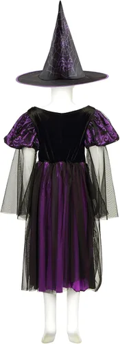 Vista 6 de XIFEINIU Disfraz de bruja de Halloween, conjunto de lujo, vestido morado para niñas