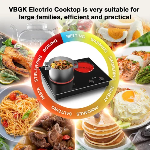 Vista 6 de VBGK Cocina eléctrica, 2100 W empotrada y encimera, 2 quemadores, estufa eléctrica con 10 niveles de calefacción, temporizador y bloqueo
