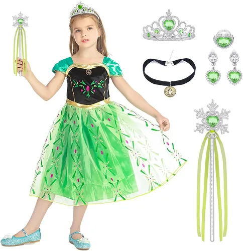 Vista 8 de URAQT Elsa - Disfraz de princesa para niñas - Vestido de fiesta de nieve para cosplay vestido de Anna con corona de varita tiara
