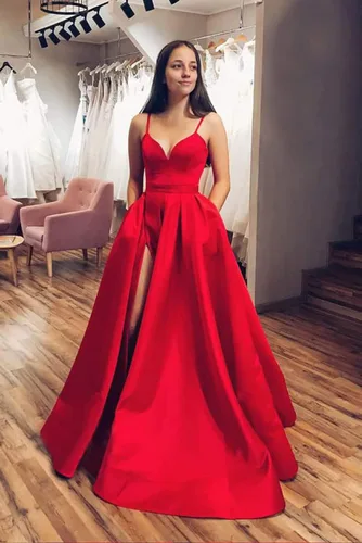 Vista 4 de Xjizu Vestido largo de satén con tirantes delgados para mujer, vestido de fiesta de noche con bolsillos