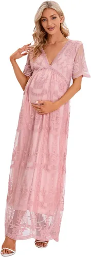 Vista 3 de ZIUMUDY Vestido de novia de maternidad con cuello en V y encaje floral de manga corta para sesión de fotos, baby shower