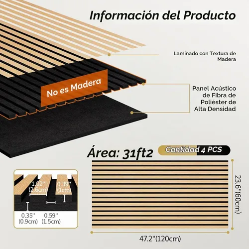 Vista 2 de TONOR Paquete de 4 paneles de pared de chapa de madera acústica, panel autoadhesivo 3D de 47.2 x 23.6 x 0.74 pulgadas, azulejos insonorizados