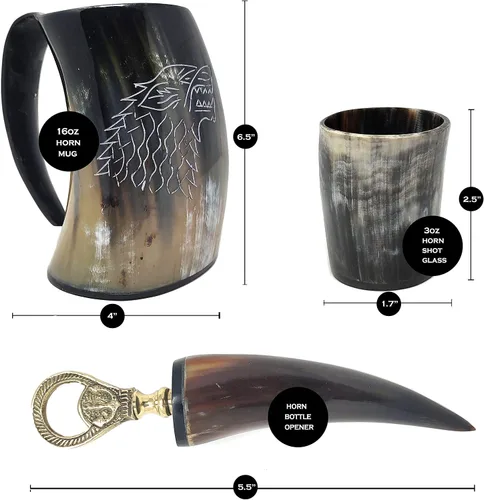 Vista 4 de Viking - Juego de tazas de cuerno para beber (6 piezas) jarra, correa de cuero, abrebotellas, vaso de chupito, 16 onzas, grabado Dire-Wolf
