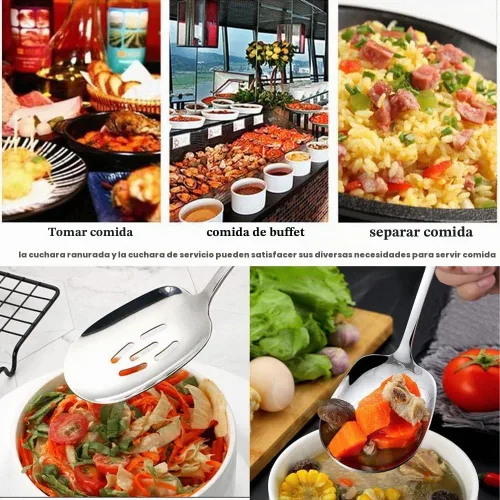 Vista 7 de Juego de cucharas de servir extra grandes, cuchara ranurada de acero inoxidable 18/8 y cuchara de servir, juego de cucharas de bufé de 9.8 pulgadas