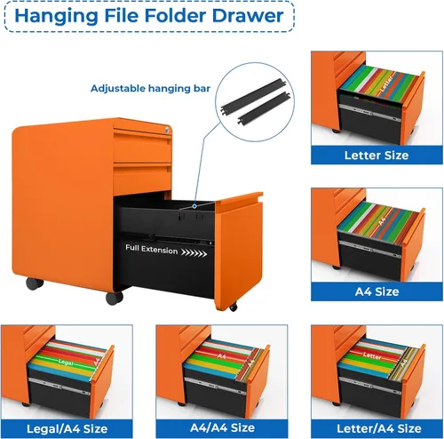 Vista 6 de Dripex Archivador de 3 cajones debajo del escritorio, carta/legal/A4, totalmente montado para oficina en casa, pequeños archivadores móviles cortos