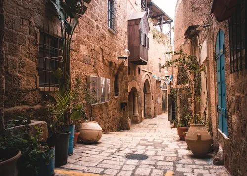 Vista 2 de BELECO Telón de fondo de tela de 5 x 3 pies, diseño de calle de la ciudad vieja, Israel, casas de piedra, macetas, nostalgia, fotos, fondo