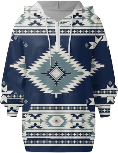 Vista 4 de Oggfader Sudadera con capucha azteca occidental para mujer, estilo étnico, diseño geométrico, casual, con cordón, manga larga