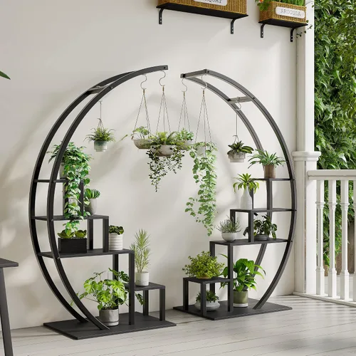 Vista 4 de GAOMON Soporte para plantas de interior de 5 niveles de alto, estante de metal para plantas de media luna, paquete de 2, elegante estante de flores