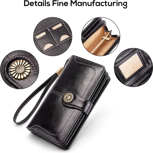 Vista 6 de INSIFEEL Billetera pequeña para mujer, bolso compacto de cuero con bloqueo RFID RFID para mujer, Negro, Retro