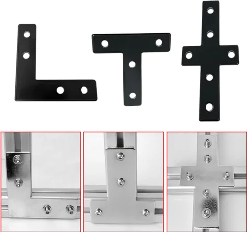 Vista 7 de 10 juegos de perfiles de extrusión de aluminio de la serie 2020, soportes en L de ángulo recto negro con tuercas y pernos de ranura en T M5