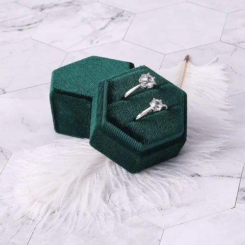 Vista 2 de Smileshe Caja para anillos, cajas de joyería de terciopelo para propuesta, compromiso, ceremonia de boda, caja hexagonal con ranura de doble anillo