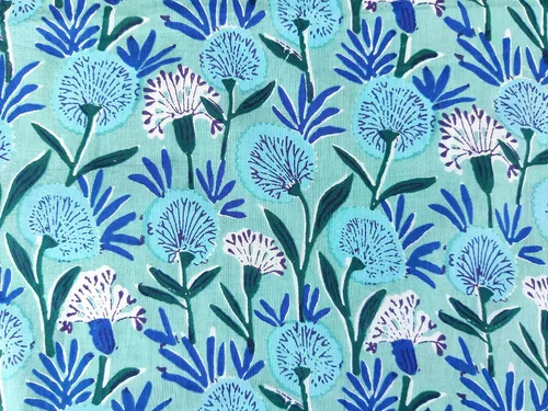 Vista 5 de AVKA Studio Tela de impresión en bloque a mano por yarda - PRECORTADA 1 yarda 42 pulgadas de ancho - Material 100% algodón - Patrón floral azul