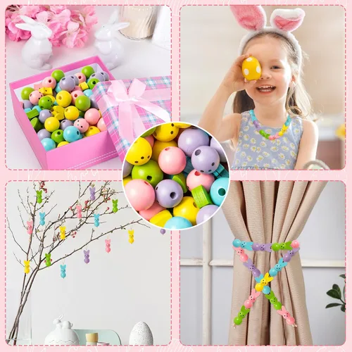 Vista 7 de Eartim Cuentas de madera de conejo de Pascua para manualidades, 121 cuentas redondas de conejo colorido con cordel rústico de granja, kit