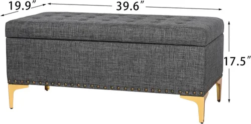 Vista 3 de Homebeez Banco otomano de almacenamiento de tela de lino, taburete rectangular con patas de metal (Y-gris oscuro)