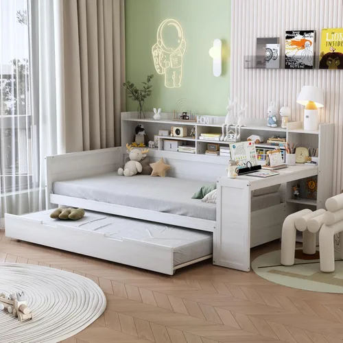 Vista 7 de Polibi Cama diurna de madera tamaño twin con estantes de almacenamiento, escritorio integrado y cama nido tamaño twin, cama multifuncional
