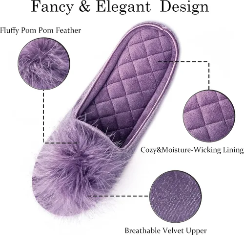 Vista 3 de GRITHEIM Pantuflas de terciopelo con pompones peludas para mujer, pantuflas de casa sexys y acogedoras para mujer, suela antideslizante