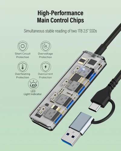 Vista 8 de Hub USB 3.0 4 puertos con USB-A/C, adaptador de aluminio de transferencia de datos de 5Gbps Expansor multipuerto ultradelgado; compatible