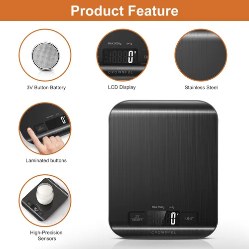 Vista 4 de CROWNFUL Báscula de Alimentos, Básculas Digitales de Cocina de 11 lb con Batería Tipo Moneda Integrada, Pesa en Onzas y Gramos para Cocinar y Negro