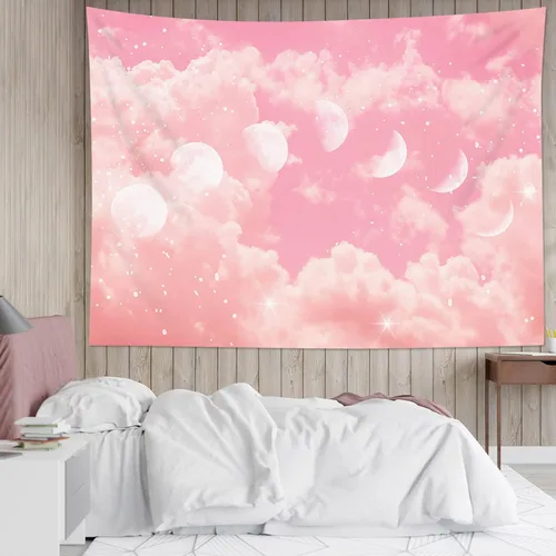 Vista 2 de LB Tapiz de fase lunar de nube rosa, nube pastel rosa y blanca con fase lunar para dormitorio, tapiz colgante de pared de paisaje natural, arte