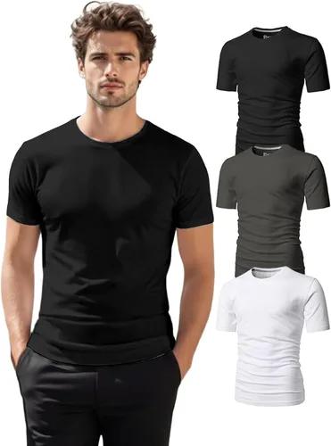 Vista 37 de H2H Camisetas para hombre - Pack de varias unidades, diseño simple, manga corta, ajuste delgado, mezcla de algodón (cuello en V/cuello redondo)