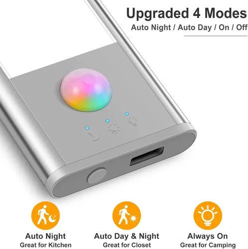 Vista 4 de BLS Luces para debajo del gabinete, 46 luces LED a batería con sensor de movimiento para interiores, luces de armario recargables USB C con sensor