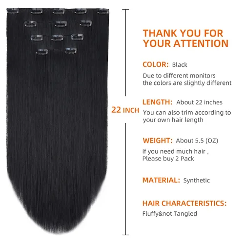 Vista 2 de Extensión de cabello negro oscuro, extensiones de cabello con clip de 22 pulgadas
