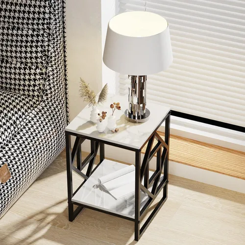Vista 5 de Mesa auxiliar de piedra sinterizada: mesa de centro pequeña cuadrada blanca de 2 niveles con marco negro - Sofá moderno mesita de noche para sala