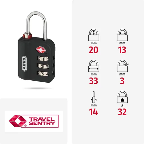 Vista 4 de ABUS TSA Lock - Cerradura de equipaje en piel con código numérico de 3 dígitos - para maletas, bolsos, mochilas, Negro -, Compacto