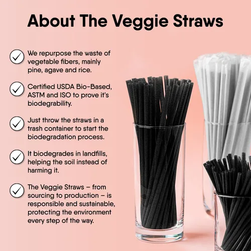 Vista 4 de The Veggie Straws 150 unidades de agitadores de bebidas biodegradables negros sin envolver de 4.75 pulgadas - Hecho de fibras vegetales, los mejores