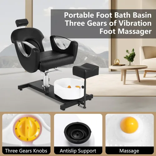 Vista 6 de Silla de pedicura giratoria de 360° con taburete y baño de pies de masaje, estación de pedicura hidráulica de altura ajustable sin plomería