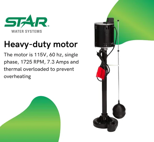 Vista 5 de Star 5CHD ½ HP Bomba de sumidero de pedestal de hierro fundido con interruptor de varilla flotante de encendido/apagado ajustable, bomba de columna