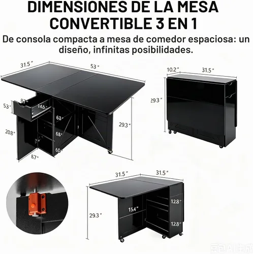 Vista 3 de Mesa de comedor plegable con cajón y estantes de almacenamiento, mesa de comedor plegable de 53" que ahorra espacio con 6 ruedas, mesa de hoja