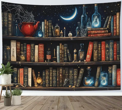 Vista 22 de LB Tapiz de cielo nocturno y océano, tapiz de luna llena sobre el agua, tapiz para colgar en la pared, tapiz de fantasía mágica de acuarela 3D, arte