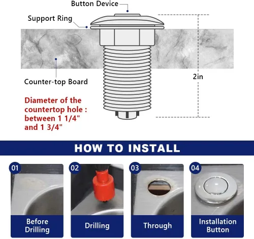 Vista 3 de Botón de interruptor activado por aire con manguera de aire, botón de acero inoxidable cepillado para parte superior del fregadero para desechos