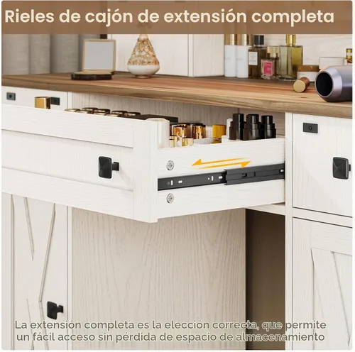 Vista 8 de Hasuit Escritorio de tocador de granja con espejo y luces, tocador de maquillaje blanco con estación de carga, espejo de tocador rústico con puerta