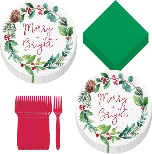 Vista 13 de HOME & HOOPLA Platos y servilletas de papel grandes para fiesta de Navidad, diseño calmado y brillante en verde y dorado moderno (para 16 personas)