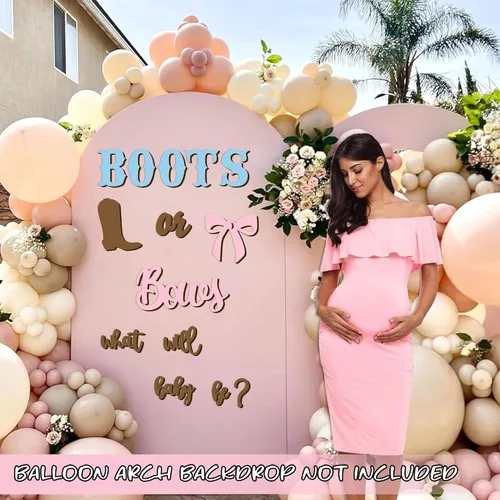 Vista 7 de Adhesivos de madera para señalización de revelación de género, arco de globos "¿Qué será el bebé?", botas o lazos, suministros de decoración